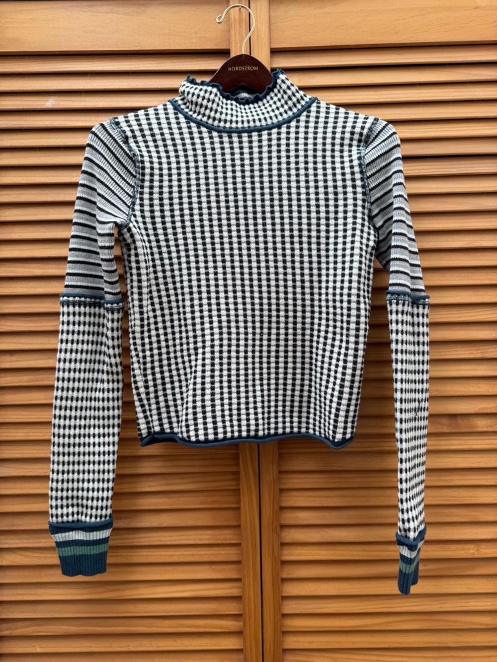 We The Free Black & White Ribbed Mock Neck Sweater with Teal Trim size small